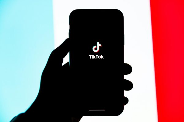 Graphic shows blue, white, and red striped background. A blacked out hand holds a cellphone with a TikTok logo on the screen.